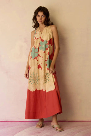 Hibiscus Anaar Soft Drape Maxi Dress - Coral-Blue Hand Home