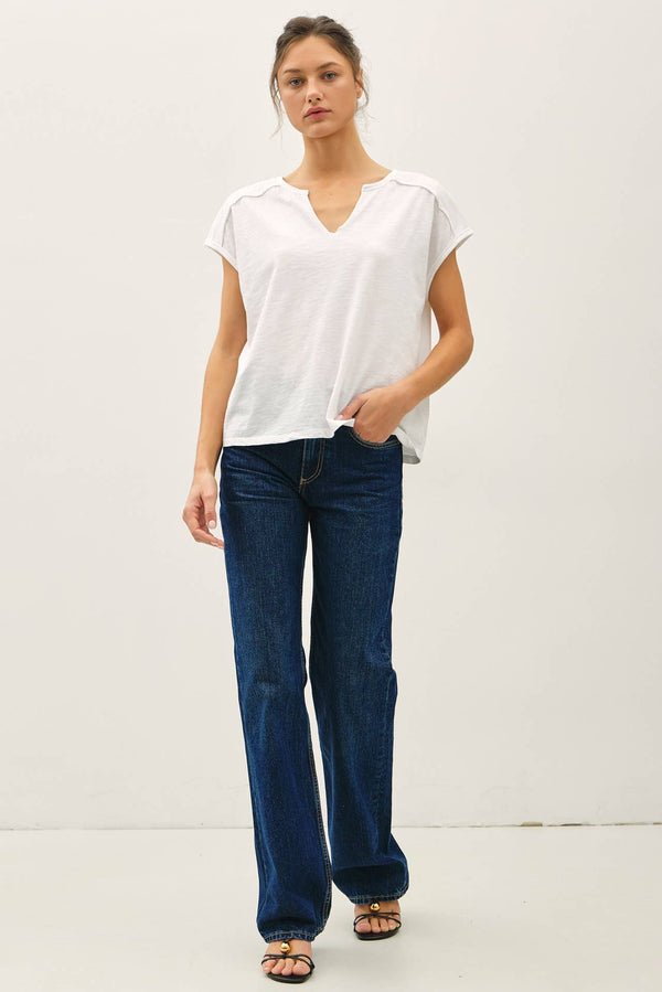 Garment Dye Oversize Cut Split-V Cotton Slub Tee-Blue Hand Home