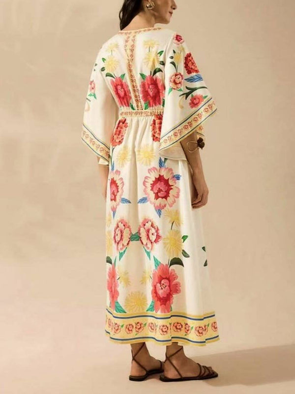 Exotic Tropical/ Floral Flair V-Neck Bell Sleeve Dress-Blue Hand Home
