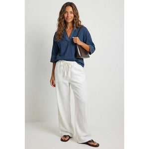 Contrast Stitch Detail Popover Blouse-Blue Hand Home