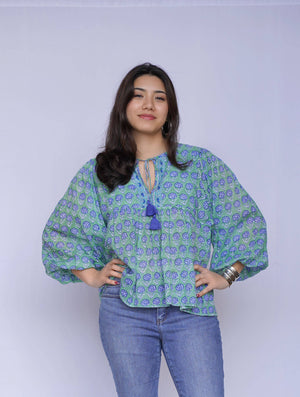 Meadow Block Print Peasant Top - Green Navy