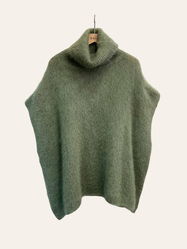 80% Kid Mohair Turtleneck Poncho Sweater: Ecru / One Size-Blue Hand Home