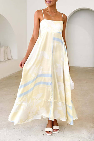 2025 Tropical botanical Floral thin strap flare swing dress-Blue Hand Home