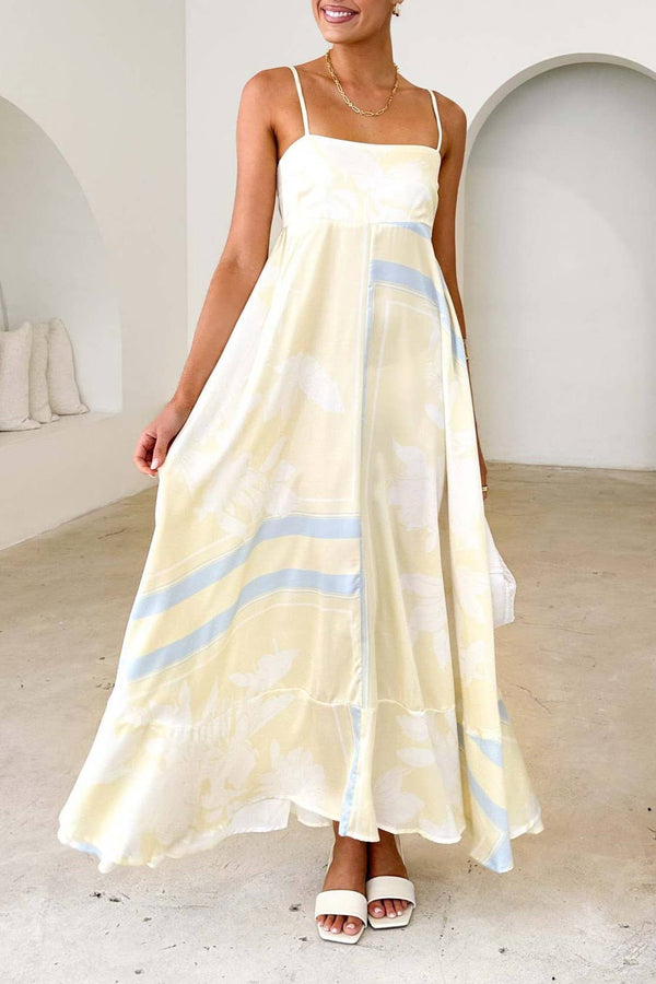 2025 Tropical botanical Floral thin strap flare swing dress-Blue Hand Home