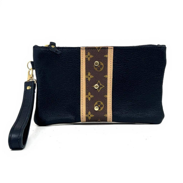Cathy Wristlet In Black Leather | Upcycled LV-Blue Hand Home