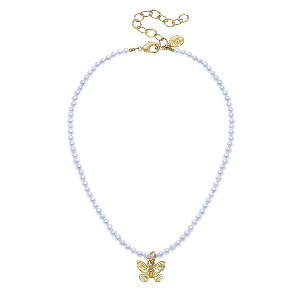 Gold Butterfly on Freshwater Pearl Necklace-Blue Hand Home
