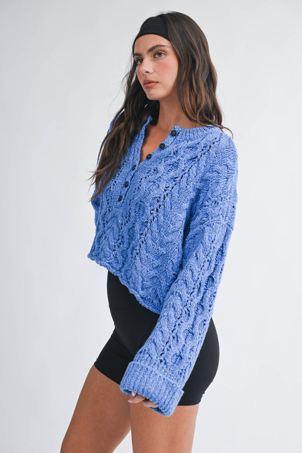3463hk Textured Cropped Henley Knit Sweater