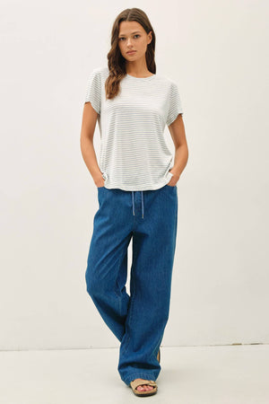 LINEN BLENDED STRIPED RELAXED TEE-Blue Hand Home