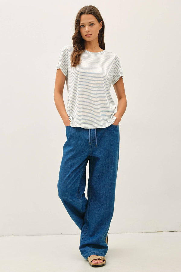 LINEN BLENDED STRIPED RELAXED TEE-Blue Hand Home