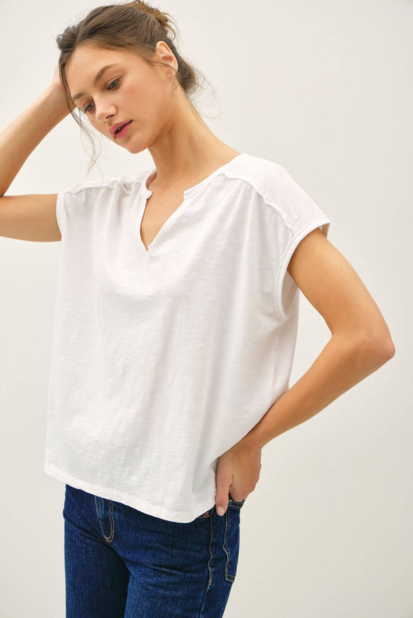 Garment Dye Oversize Cut Split-V Cotton Slub Tee-Blue Hand Home