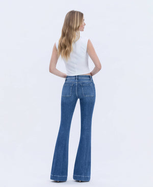 MID RISE BUTTON FLY TROUSER HEM FLARE JEANS T5848-Blue Hand Home