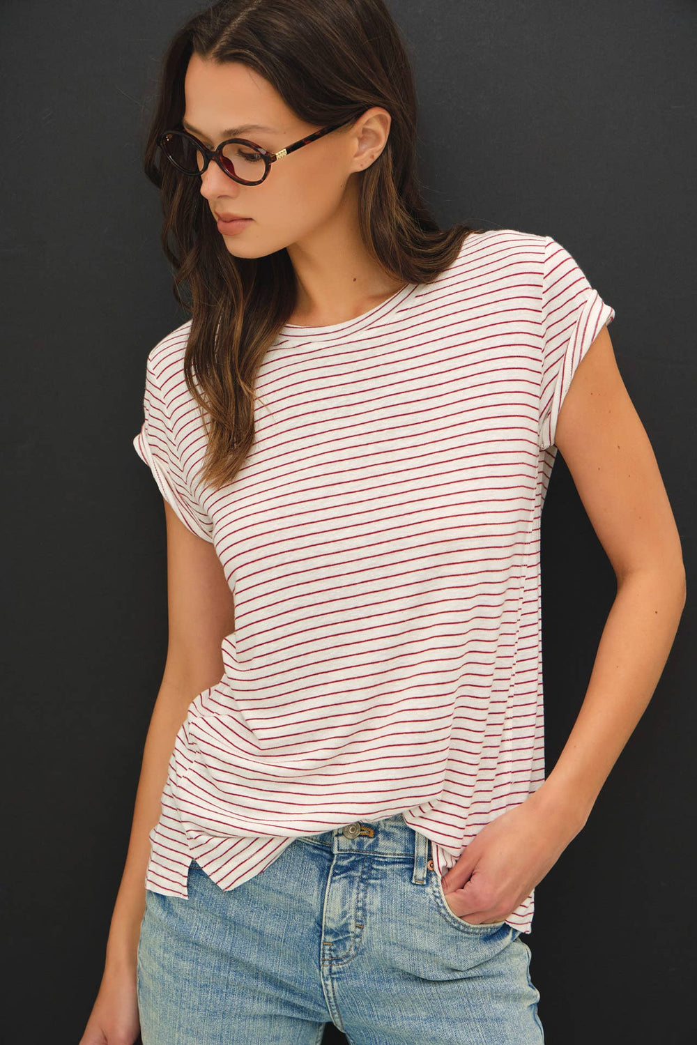 LINEN BLENDED STRIPED RELAXED TEE-Blue Hand Home
