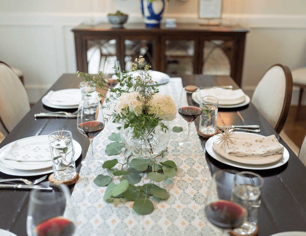 Table Runner - Vara Dogwood, Evergreen & Gold-Blue Hand Home