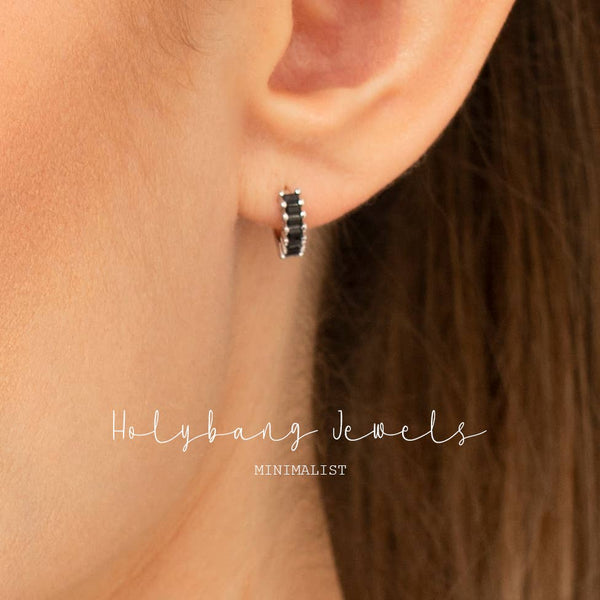 BLACK BAGUETTE HUGGIE EARRINGS - E-HT1190BLACK / E-HT1189BLA-Blue Hand Home