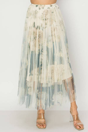 Chic Lined Pleated Tulle Midi Skirt With Elastic Waist - 4034 BG/DD NAVY FL-Blue Hand Home