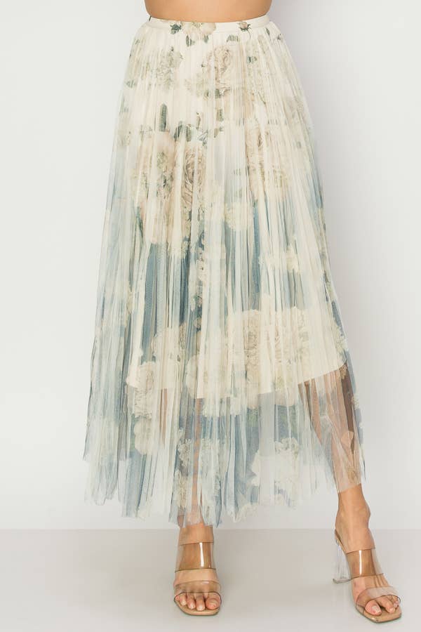 Chic Lined Pleated Tulle Midi Skirt With Elastic Waist - 4034 BG/DD NAVY FL-Blue Hand Home