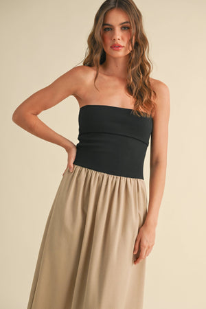 D3442 LINEN WITH RIBBED KNITTED TOP COMBO DRESS-Blue Hand Home