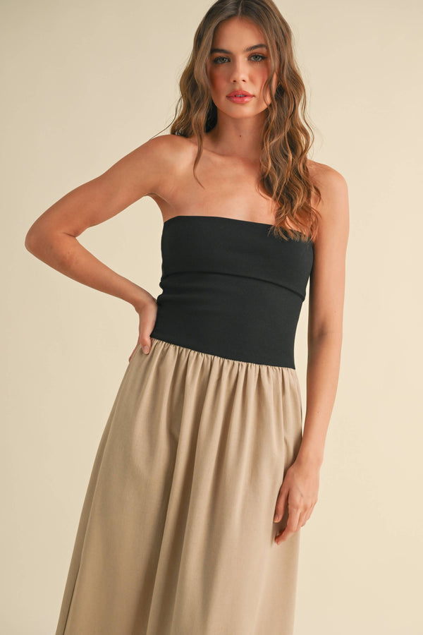 D3442 LINEN WITH RIBBED KNITTED TOP COMBO DRESS-Blue Hand Home