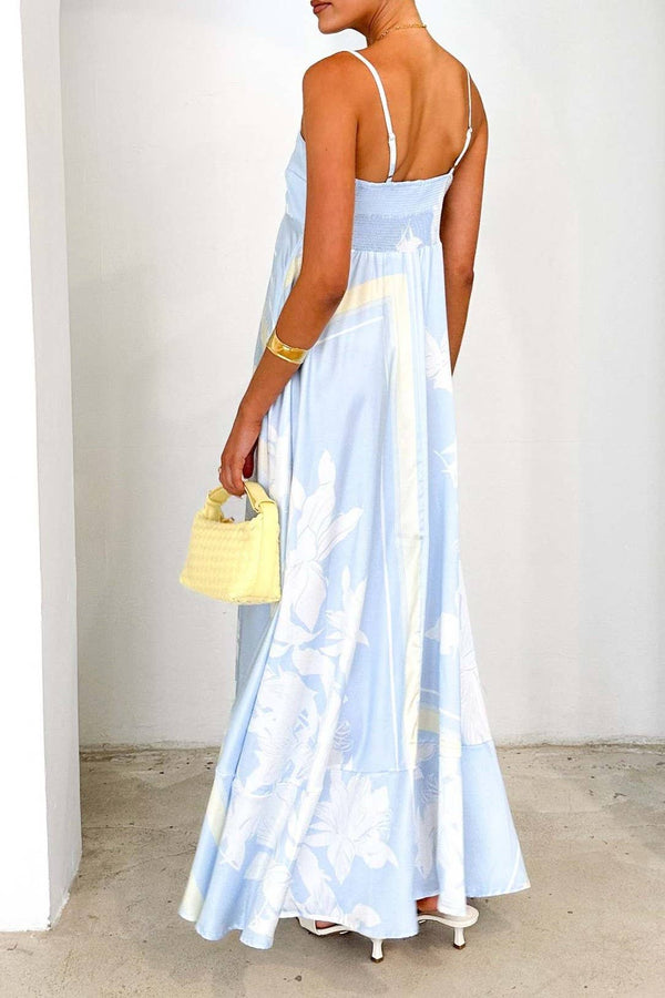 2025 Tropical botanical Floral thin strap flare swing dress-Blue Hand Home