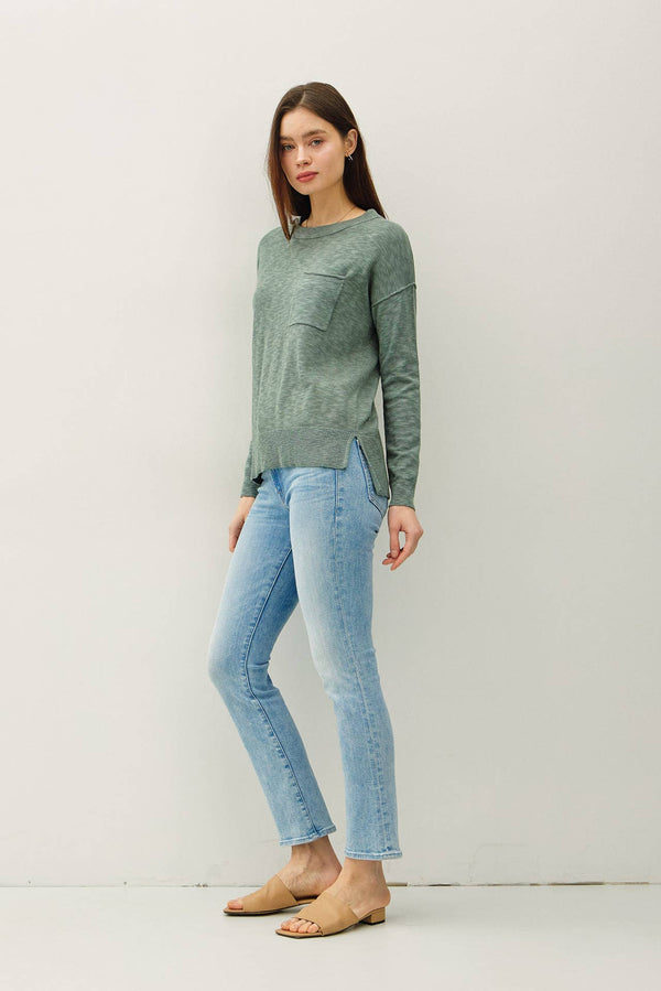 SLUB YARN ROUND NECK SWEATER WITH CHEST POCKETS-Blue Hand Home