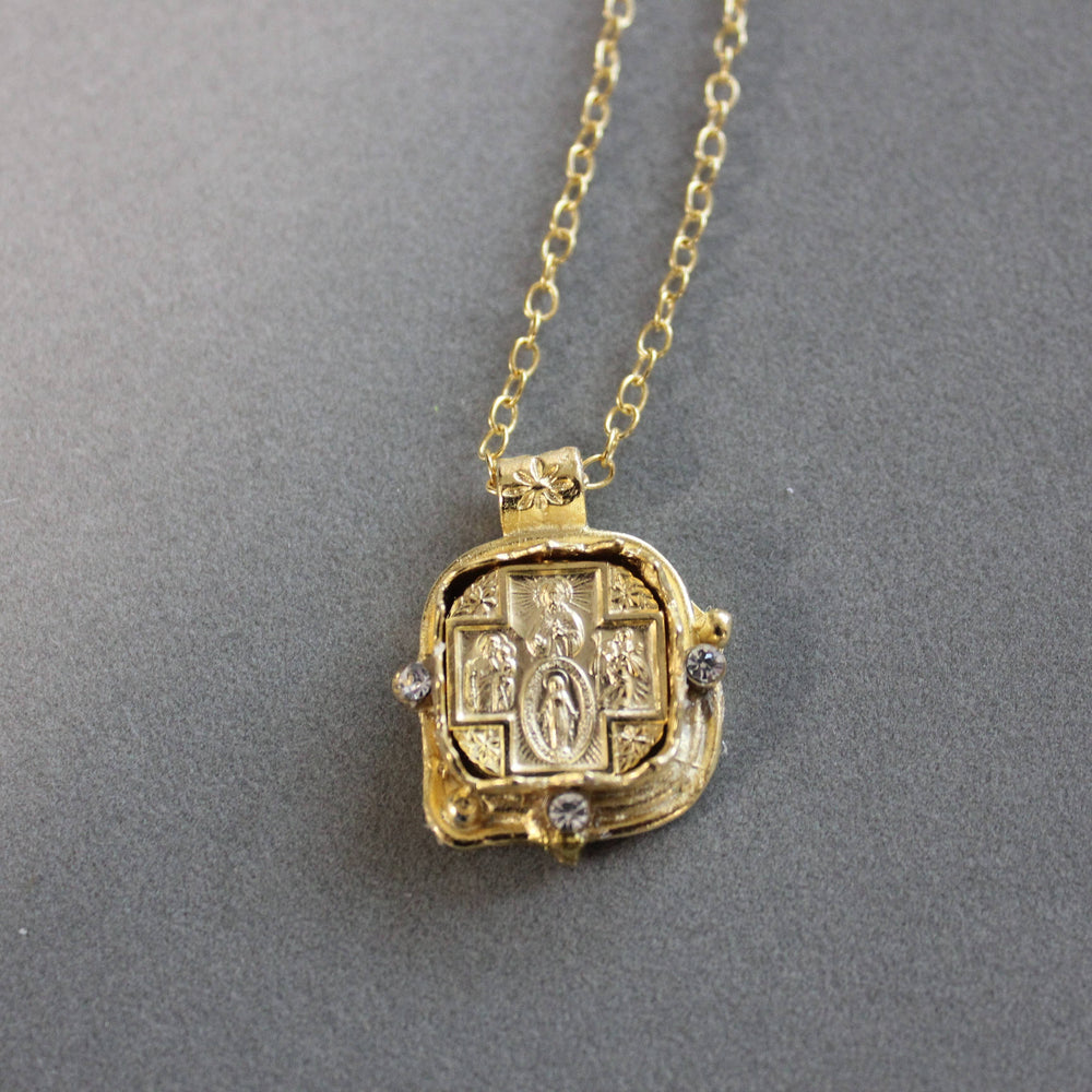 4 Way Medal Pendant/Charm Necklace with CZ Accent-Blue Hand Home