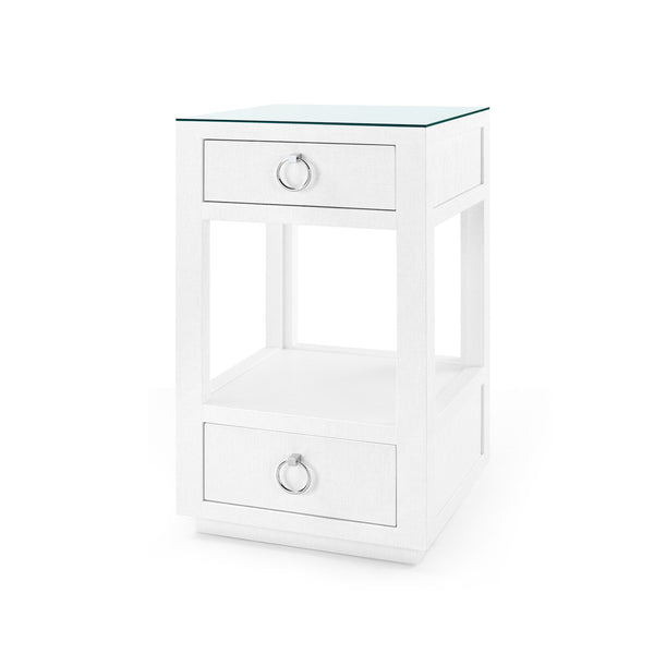 Camilla 2-Drawer Side Table with Glass Top, Chiffon White