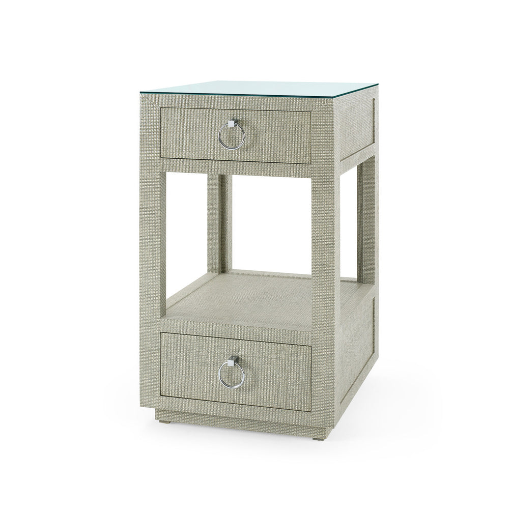 Camilla 2-Drawer Side Table with Glass Top, Moss Gray Tweed-Blue Hand Home