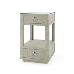 Camilla 2-Drawer Side Table with Glass Top, Moss Gray Tweed