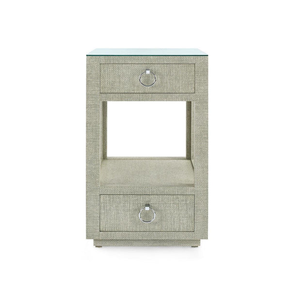 Camilla 2-Drawer Side Table with Glass Top, Moss Gray Tweed-Blue Hand Home