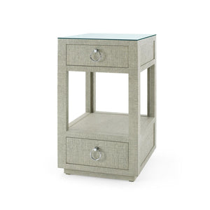 Camilla 2-Drawer Side Table with Glass Top, Moss Gray Tweed-Blue Hand Home