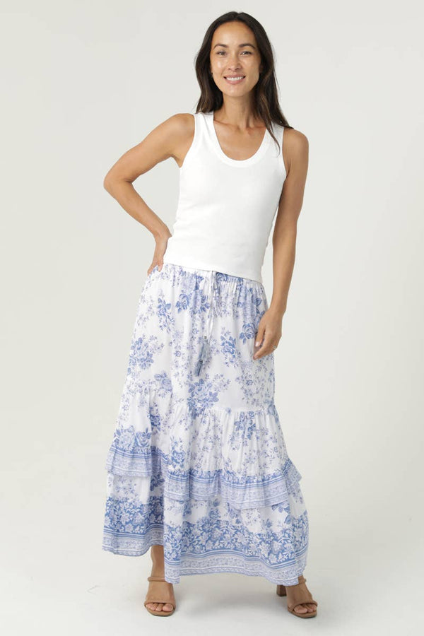 E6E87-WB55 PRINTED MAXI SKIRT-Blue Hand Home