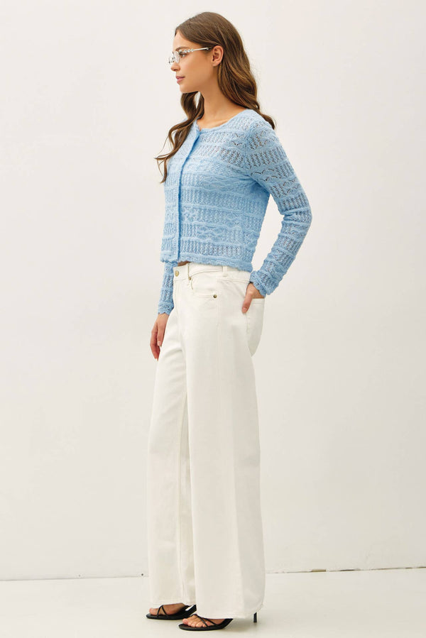 Openwork Knit Scalloped Edge Cardigan-Blue Hand Home