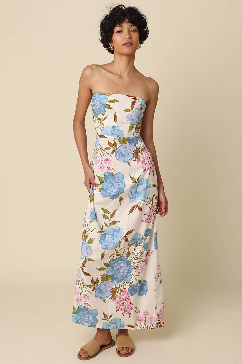 Seraphine Garden Strapless Maxi Dress-Blue Hand Home