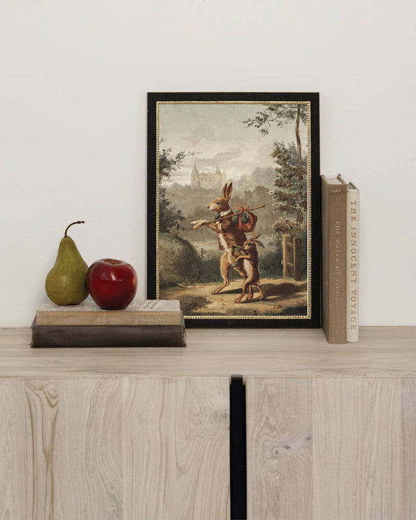 Traveling Rabbit Framed Antique Art-Blue Hand Home