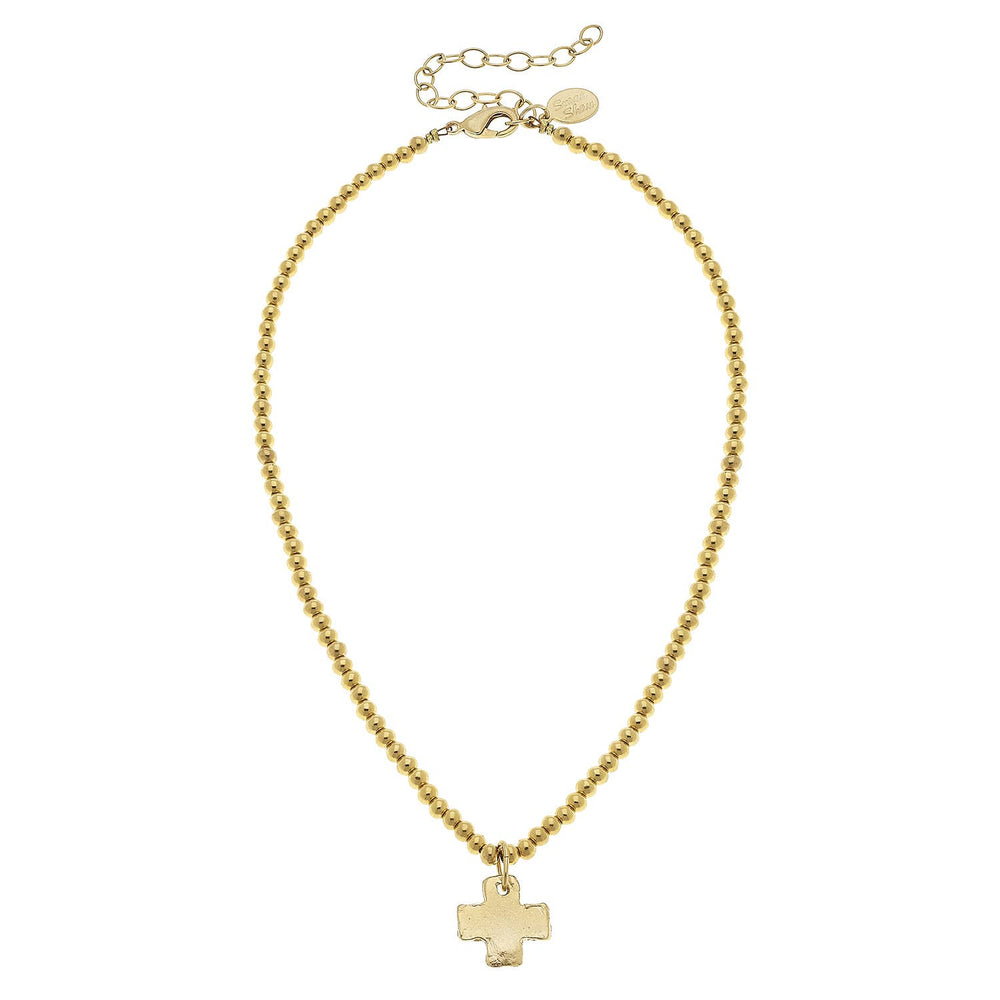 Gold Cross on Gold Beaded Necklace-Blue Hand Home