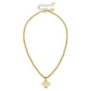 Gold Cross on Gold Beaded Necklace-Blue Hand Home