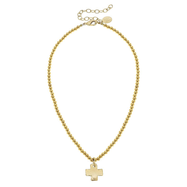 Gold Cross on Gold Beaded Necklace-Blue Hand Home