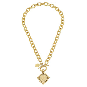Handcast Gold Intaglio Coin Front Toggle Necklace-Blue Hand Home