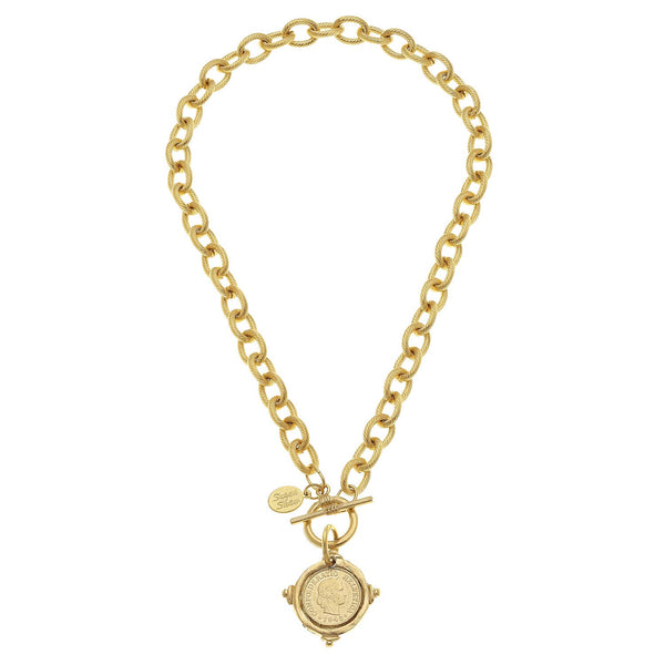 Handcast Gold Intaglio Coin Front Toggle Necklace-Blue Hand Home