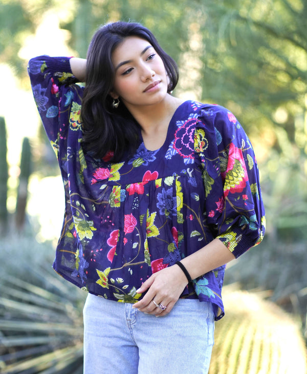 Anjou Top O/S Navy Multi-Blue Hand Home