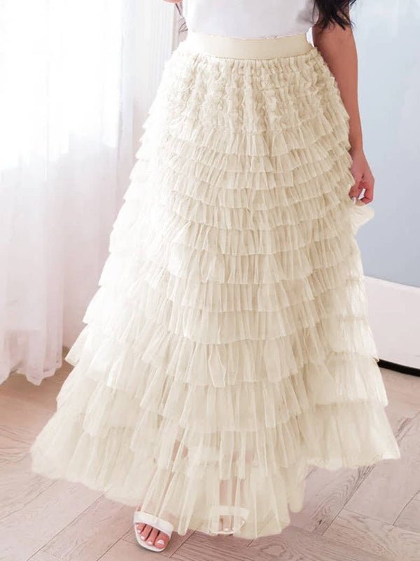 Elastic waist ruffle tulle maxi skirt-Blue Hand Home