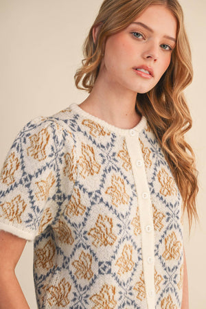 FLORAL SHORT SLEEVE SWEATER CARDIGAN MSW11258-Blue Hand Home