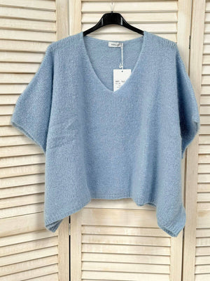 Mohair poncho sweater 7627: Pale pink-Blue Hand Home