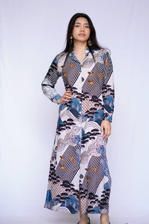 Edo Landscape Maxi Shirt Dress - Blue/Black