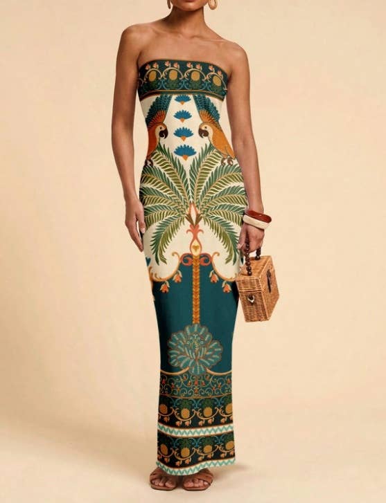Tropical Floral Print Strapless Maxi Dress Tube Dress-Blue Hand Home