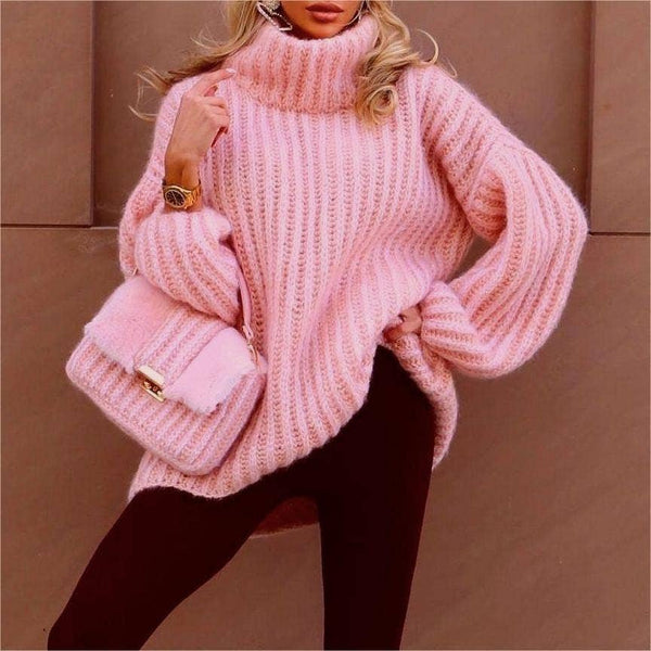 Knitted fluffy turtleneck sweater-Blue Hand Home