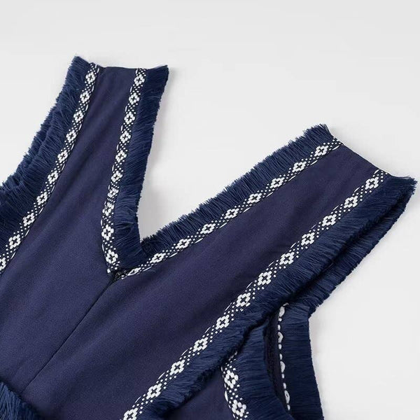 Stylish V-Neck Tassel Panels With Swing Maxi Dresses-Blue Hand Home