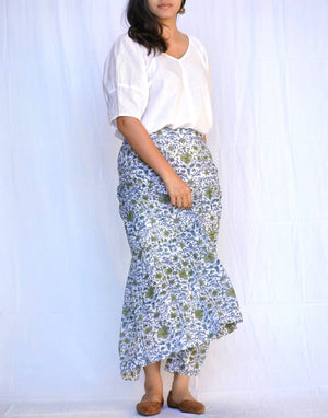 Block Printed Tiered Cotton Skirt-Teal Olive-Blue Hand Home