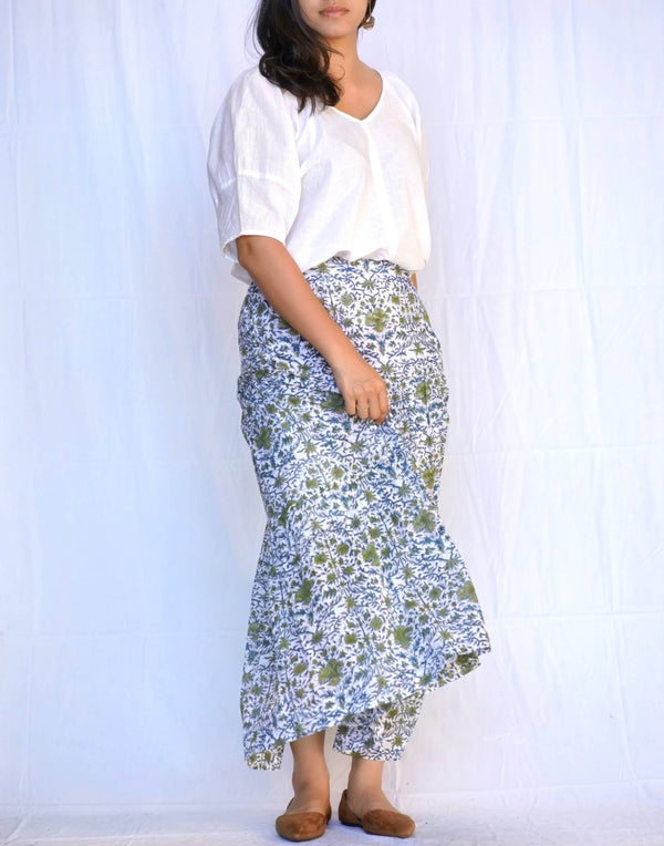 Block Printed Tiered Cotton Skirt-Teal Olive-Blue Hand Home