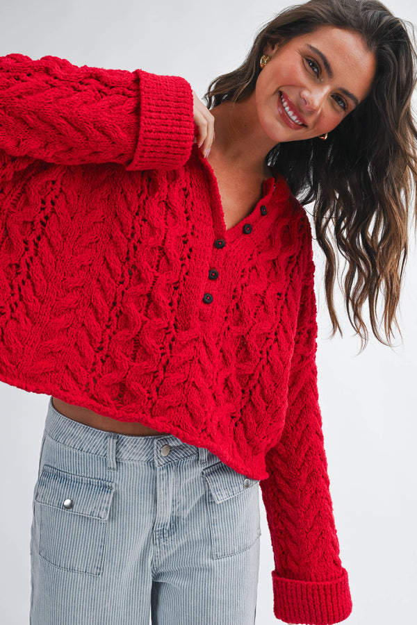 3463hk Textured Cropped Henley Knit Sweater